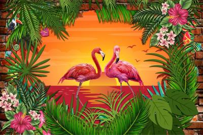 Fotobehang - Flamingo&apos;s, roze/groen, ook mooi in de kinderkamer, 11 maten, incl behanglijm