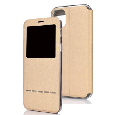 Voor iPhone 11 Pro matte textuur horizontale Flip beugel mobiele telefoon holster venster met beller-ID en metalen knop schuif om te ontgrendelen (gou