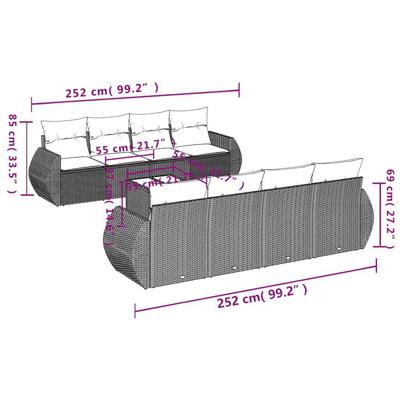 9-delige Loungeset met kussens poly rattan lichtgrijs