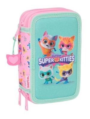 Driedubbele Pennenzak SuperKitties Roze Turkoois 12,5 x 19,5 x 5,5 cm 37 Onderdelen