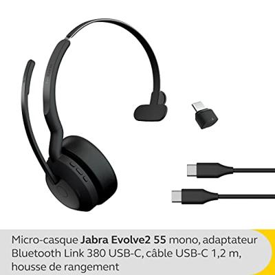 Jabra Evolve2 55 UC On Ear headset Bluetooth Mono Zwart Noise Cancelling Volumeregeling, Microfoon uitschakelbaar (mute) Computer