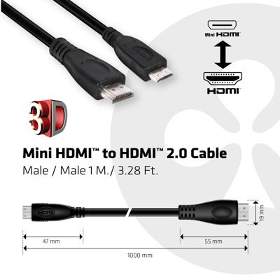 club3D HDMI Aansluitkabel HDMI-mini-C-stekker, HDMI-A-stekker 1.00 m Zwart CAC-1350 4K UHD HDMI-kabel