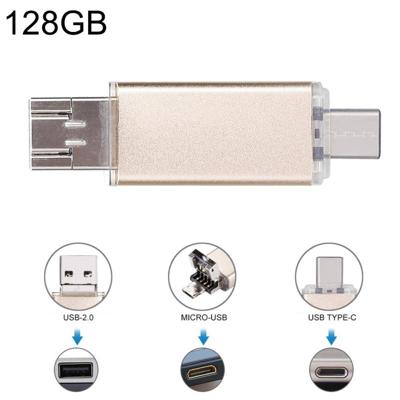 128GB 3-in-1 USB-C / OTG Type-C + USB 2.0 Flash Disk voor Smartphones van de Type-C & PC Computer(Gold)