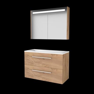 Basic-Line Premium 46 Badkamermeubelset - 100 x 46 cm - Met Grepen - 2 Lades - Acryl Wastafel - Zonder Kraangat - Spiegelkast met LED Verlichting - Whisky Oak
