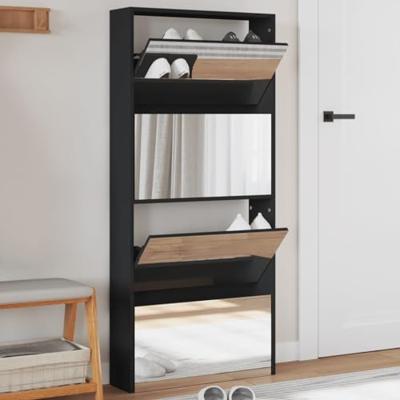 Schoenenkast met spiegel 4-laags 63x17x134 cm zwart Schoenenkast met spiegel 4-laags 63x17x134 cm zwart