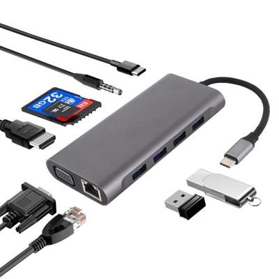 11 in 1 VGA + LAN-poort + 4 x USB 3 0 + SD/TF-kaart + HDMI + audio poort + USB-C/type-C female naar USB-C/type-C HUB adapter (donkergrijs)