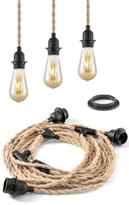 Vintage Hanglamp kit - 3-licht Linen Hanglamp met schakelaar 750 cm - Geschikt voor woonkamers en landhuizen - DIY kabel set met 3 x E27 lampfittingen - Geschikt voor lampenkappen