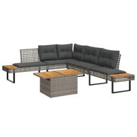 2-delige Loungeset met kussens poly rattan en acaciahout grijs - thumbnail