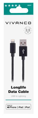 Vivanco 38307 USB-A naar Lightning-datakabel, 2 m, snel opladen, Apple MFi certificering - gevlochten nylon, zwart