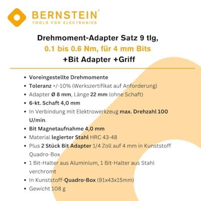 BERNSTEIN Tools for Electronics 4-970-G Draaimomentadapterset Vooringesteld 0.1 - 0.6 Nm