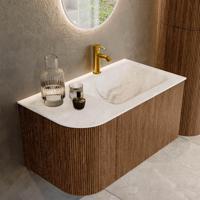 Mondiaz KURVE-DLUX 85 cm Onderkast Greeploos 1 Lade Met Deuren Walnut, Wastafel Solid Surface Rechts Frappe 1 Kraangat Zonder Spiegel (KRVCLO85L1L1D1KR-Wal/Fra) - thumbnail