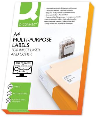 Q-CONNECT etiketten, wit, rechte hoeken, 210 x 297 mm, 200 vel, 1 etiket per vel Q-CONNECT etiketten, wit, rechte hoeken, 210 x 297 mm, 200 vel, 1 etiket per vel