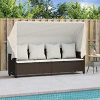 Ligbed met luifel en kussens poly rattan bruin - thumbnail