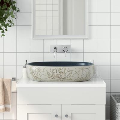 VidaXL Opzetwasbak ovaal 59x40x14 cm keramiek zandkleurig en blauw