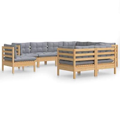 9-delige Loungeset met grijze kussens massief grenenhout