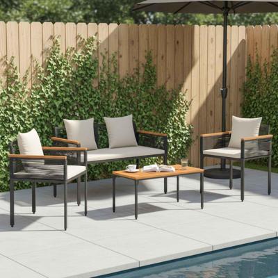 Buitenmeubelset met kussen 4 pcs Zwart en Cream Wit PE Rattan
