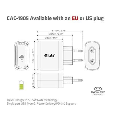 club3D CAC-1905 Laptop netvoeding 65 W 1x USB-C Zwart Binnen GaN - thumbnail