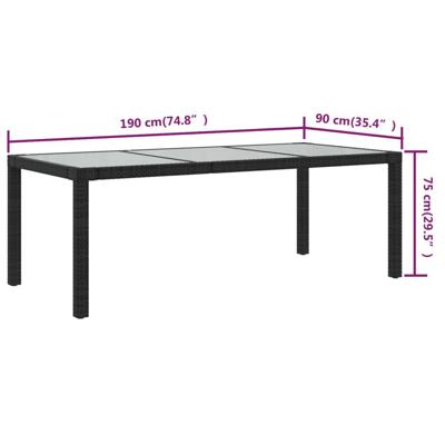 Tuintafel 190x90x75 cm gehard glas en poly rattan black