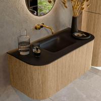 Mondiaz KURVE 100 cm Onderkast Greeploos 1 Lade Met Deuren Oak, Wastafel Solid Surface MIdden Urban 0 Kraangaten Zonder Spiegel (KRVGRU100L+R1L2D0KM-Oak/Urb) - thumbnail
