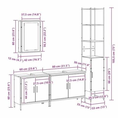4-delige badkamermeubelset zwart eiken gefabriceerd hout