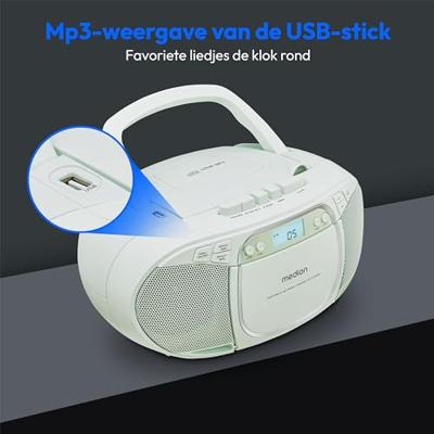 MEDION E66476 Stereo Geluidssysteem (boombox, CD-speler, MP3, cassette, draagbare cassettespeler voor kinderen, FM-radio, AUX, hoofdtelefoon, netvoeding & batterij) groen