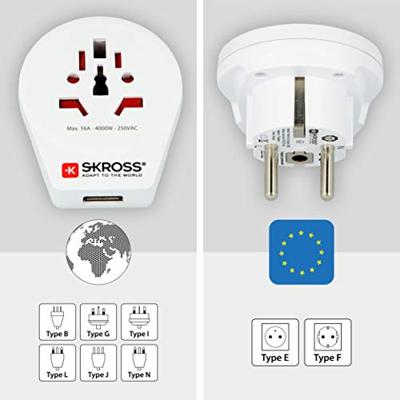 SKROSS | 1.500260 | World to Europe USB | Reisadapter van de wereld naar Europa met 1 USB 2.4A - Spanning en vermogen: 100V - 1600W / 250V - 4000W. Anti-schokbescherming