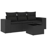 4-delige Loungeset met kussens poly rattan zwart - thumbnail