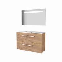Basic-Line Economic 39 Badkamermeubelset - Ondiep - 100 x 39 cm - Met Grepen - 2 Lades - Keramische Wastafel - 1 Kraangat - Spiegel met LED Verlichting - Whisky Oak - thumbnail