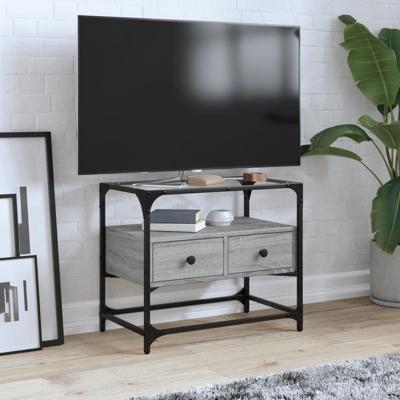 Tv-meubel met glazen blad 98x35x51 cm bewerkt hout grijs sonoma