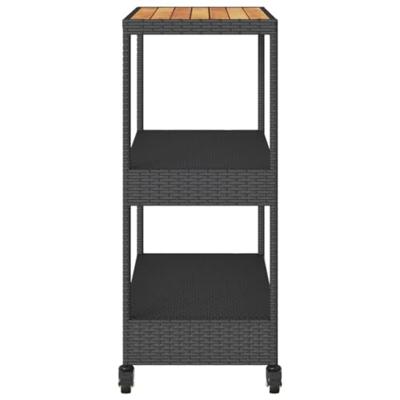 Bartrolley 3-laags poly rattan en massief acaciahout zwart