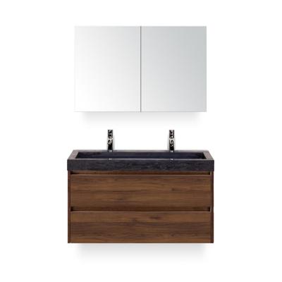 Dante Badmeubelset 100 cm - Walnoot - Wastafel Hardsteen Wit Lucca 2 kraangaten - met Spiegelkast