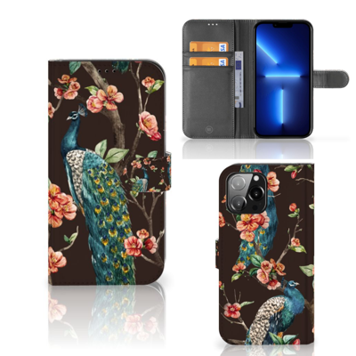 iPhone 13 Pro Max | Telefoonhoesje | Met pasjeshouder | Pauw met Bloemen