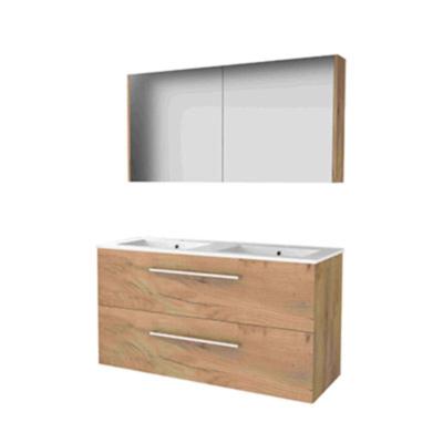 Basic Comfort 46 badmeubelset met spiegelkast, wastafelonderkast met grepen, 2 lades en porseleinen wastafel met 2 kraangaten 120 x 46 cm, whisky oak