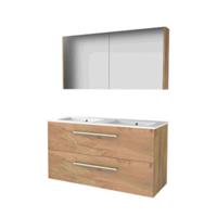 Basic Comfort 46 badmeubelset met spiegelkast, wastafelonderkast met grepen, 2 lades en porseleinen wastafel met 2 kraangaten 120 x 46 cm, whisky oak - thumbnail