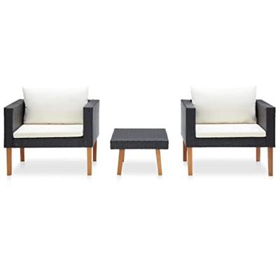 3-delige Loungeset met kussens poly rattan zwart - thumbnail