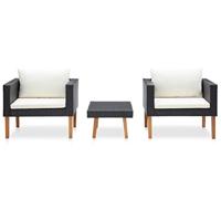 vidaXL 3-delige Loungeset met kussens poly rattan zwart - thumbnail