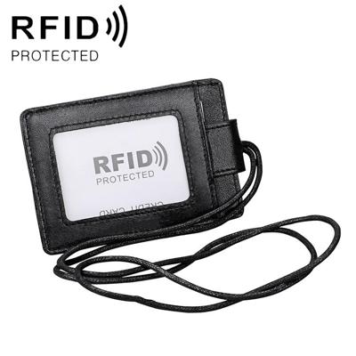 KB153 Antimagnetic RFID Leather Card Holder ID Card Badge with Lanyard (Black)