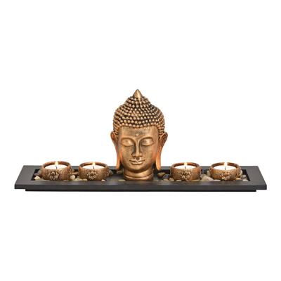 Buddha met 4 theelichthouders, houten dienblad, decoratiestenen van poly goud (B/H/D) 41x17x11cm Buddha met 4 theelichthouders, houten dienblad, decoratiestenen van poly goud (B/H/D) 41x17x11cm