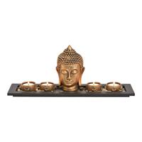 Buddha met 4 theelichthouders, houten dienblad, decoratiestenen van poly goud (B/H/D) 41x17x11cm - thumbnail