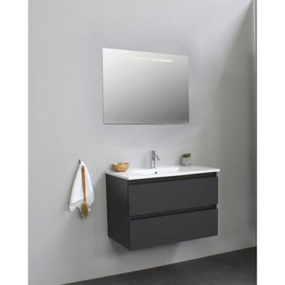 On-Line Badkamermeubelset - 80 cm - Voorgemonteerd - Porseleinen Wastafel - 1 Kraangat - Spiegel met LED-Verlichting - Mat Antraciet