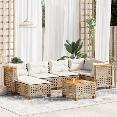 7-delige Loungeset met kussens poly rattan beige
