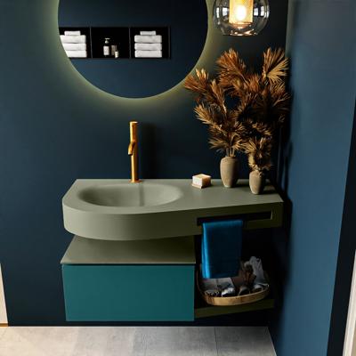 MONDIAZ RIVA 100cm badmeubel onderkast / planchet kleur Smag met 1 lade. Wastafel DULCET links 1 kraangat kleur Army.