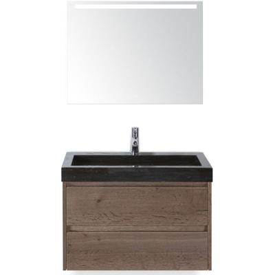 Dante Badmeubelset 80 cm - Tabacco - Wastafel Hardsteen Wit Lucca met Sence Spiegel