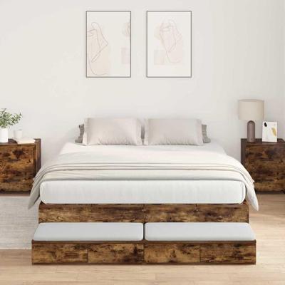 Opbergbedframe met lade Gerookt eiken 140 cm Bewerkt hout