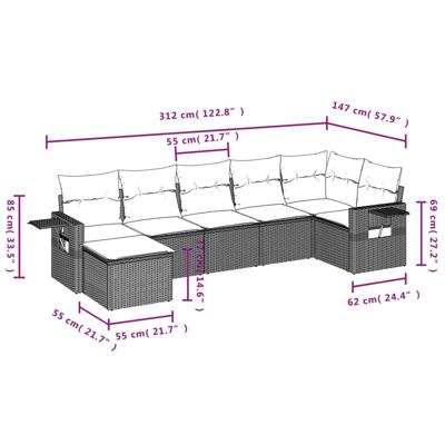 8-delige Loungeset met kussens poly rattan zwart