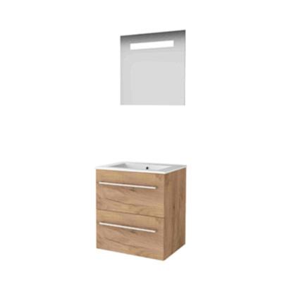 Basic-Line Economic 46 Badkamermeubelset - 60 x 46 cm - Met Grepen - 2 Lades - Keramische Wastafel - 1 Kraangat - Spiegel met LED Verlichting - Whisky Oak