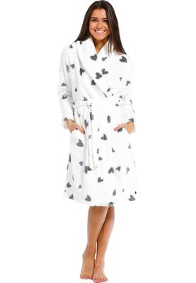 Witte fleece damesbadjas hartjes - Rebelle-XXL (52-54)