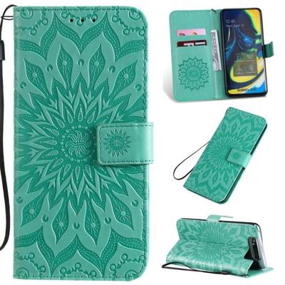 Gedrukt afdrukken zonnebloem patroon horizontale Flip PU lederen case voor Galaxy A80 met houder & kaartsleuven & portemonnee & Lanyard (groen)