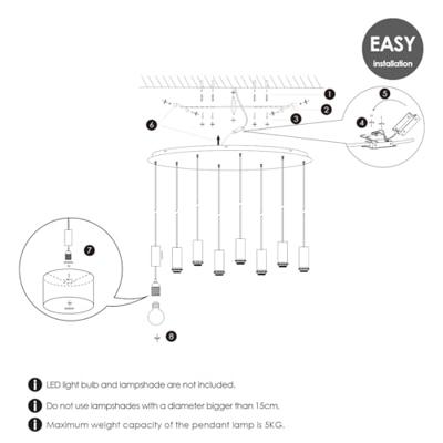 Metaal kroonluchter - Industrie hanglamp - Zwart - Met 8 pcs lampvoeten - Ontworpen voor Eetkamer en Slaapkamer - 100 x 30 x 117.5cm - set met E27 Lamphouder - voor Lampenkap met Doorsnede max 15cm - Gloeilamp Niet Inbegrepen