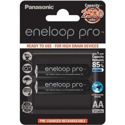 Panasonic BK-3HCDE/2BE eneloop pro Ready-to-Use Ni-MH batterijen, AA/Mignon, 2-pack, min. 2500 mAh, levensduur van 500 laadcycli, met geringe zelfontlading, oplaadbare,in plasticvrije verpakking,Zwart
